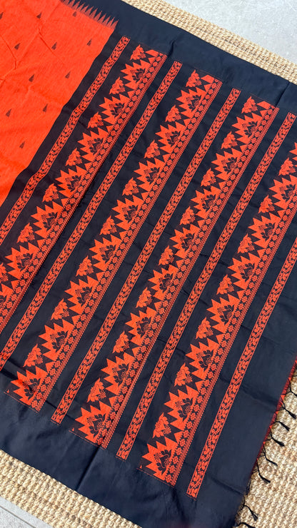 Purely Hand-Woven - Orange Cotton Silk Saree with Black Border