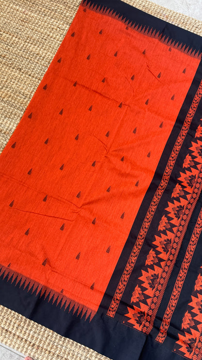 Purely Hand-Woven - Orange Cotton Silk Saree with Black Border