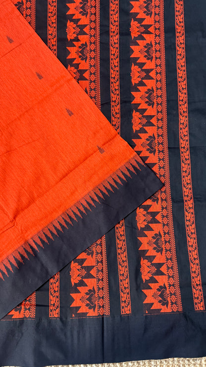 Purely Hand-Woven - Orange Cotton Silk Saree with Black Border