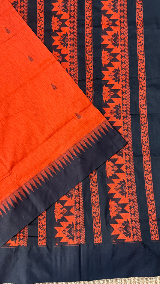 Purely Hand-Woven - Orange Cotton Silk Saree with Black Border