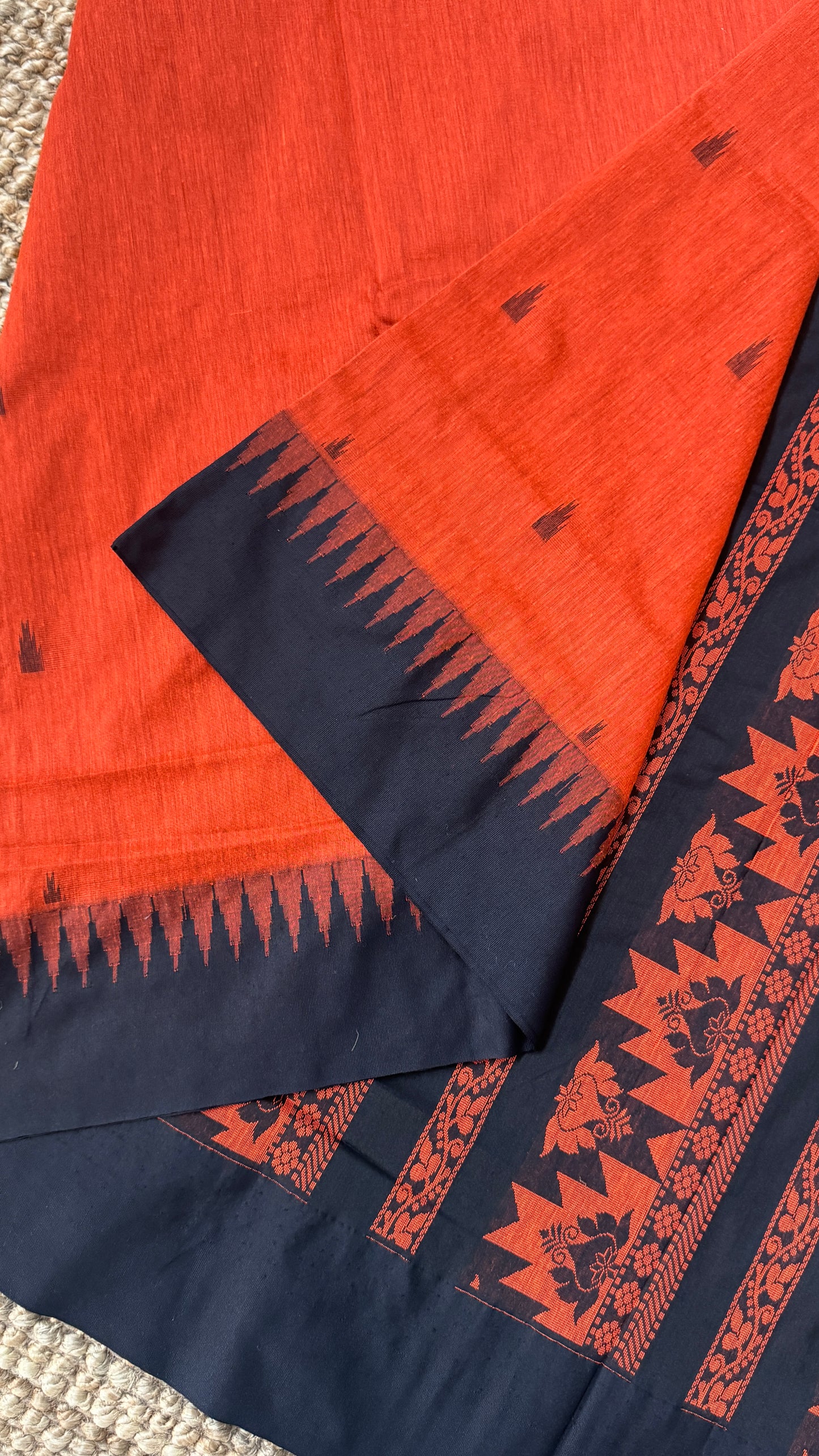 Purely Hand-Woven - Orange Cotton Silk Saree with Black Border