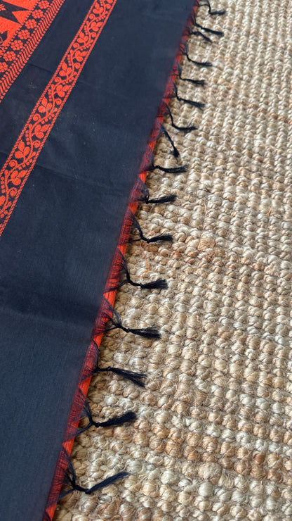 Purely Hand-Woven - Orange Cotton Silk Saree with Black Border