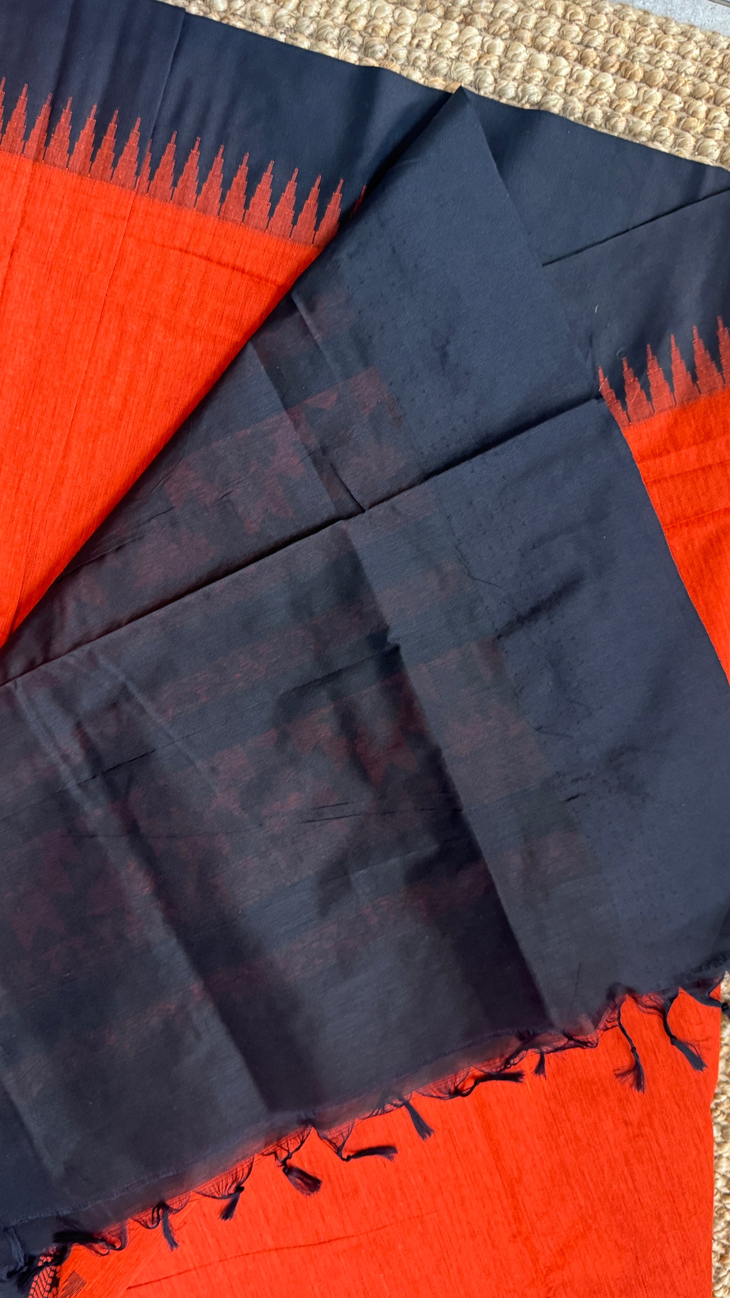 Purely Hand-Woven - Orange Cotton Silk Saree with Black Border
