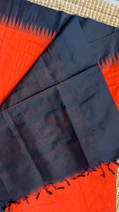 Purely Hand-Woven - Orange Cotton Silk Saree with Black Border