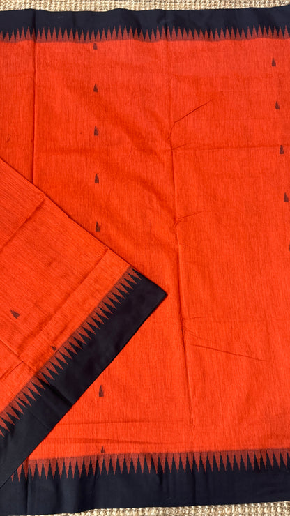 Purely Hand-Woven - Orange Cotton Silk Saree with Black Border