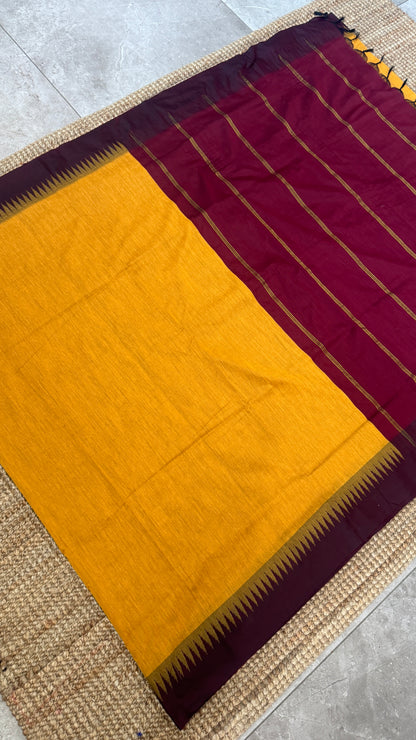 Purely Hand-Woven - Mustard Yellow Cotton Silk Saree with Maroon Border