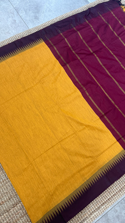 Purely Hand-Woven - Mustard Yellow Cotton Silk Saree with Maroon Border