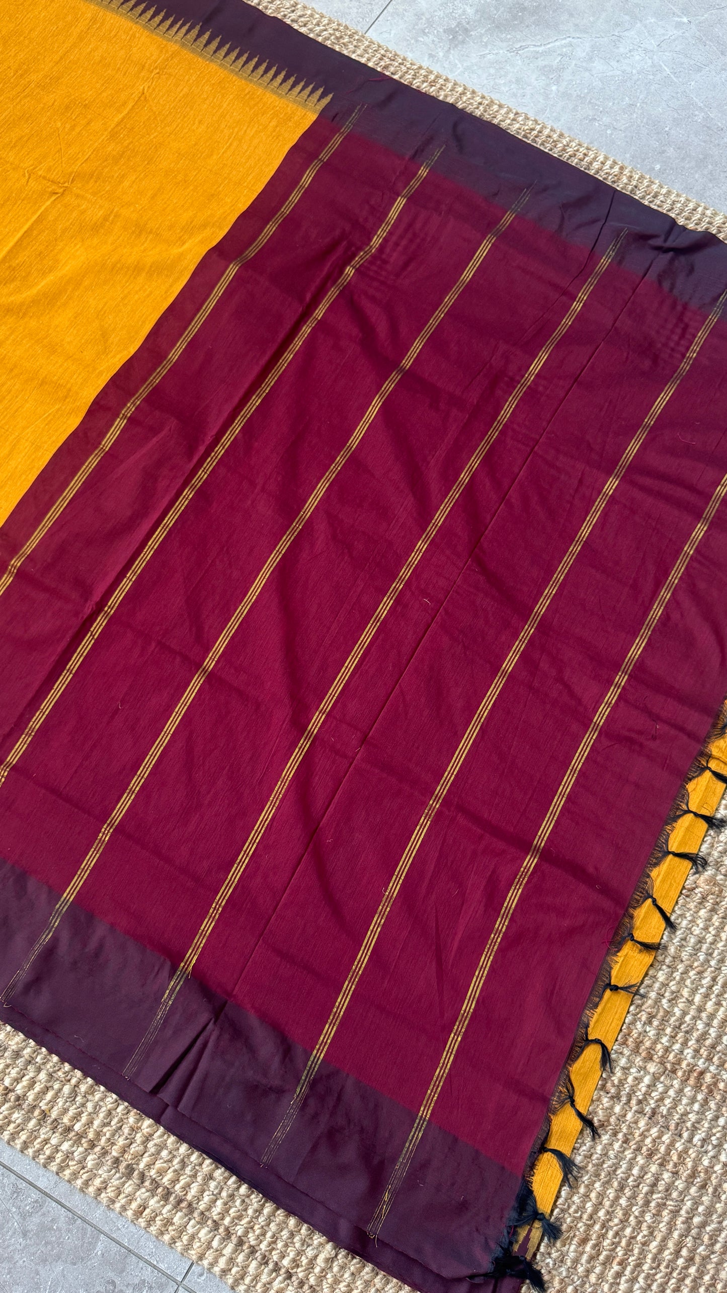Purely Hand-Woven - Mustard Yellow Cotton Silk Saree with Maroon Border