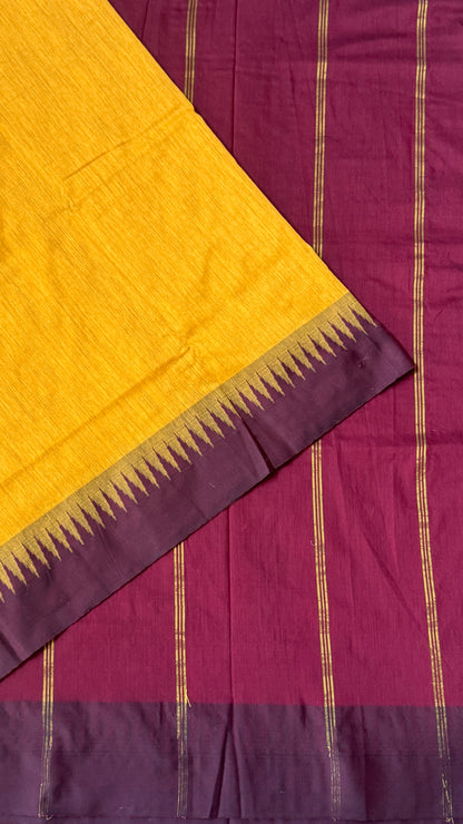 Purely Hand-Woven - Mustard Yellow Cotton Silk Saree with Maroon Border