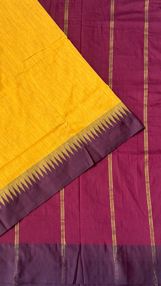 Purely Hand-Woven - Mustard Yellow Cotton Silk Saree with Maroon Border