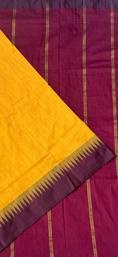 Purely Hand-Woven - Mustard Yellow Cotton Silk Saree with Maroon Border