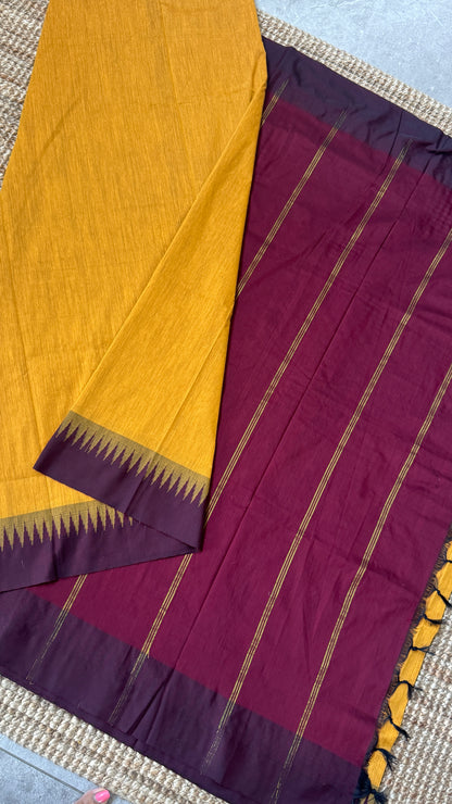 Purely Hand-Woven - Mustard Yellow Cotton Silk Saree with Maroon Border