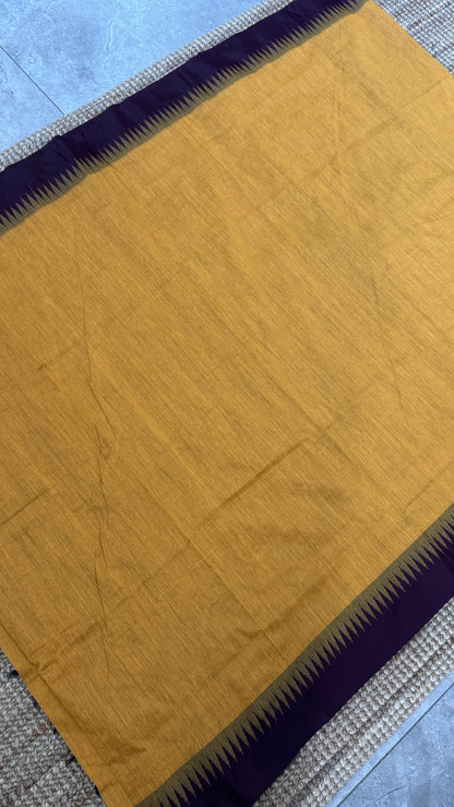 Purely Hand-Woven - Mustard Yellow Cotton Silk Saree with Maroon Border