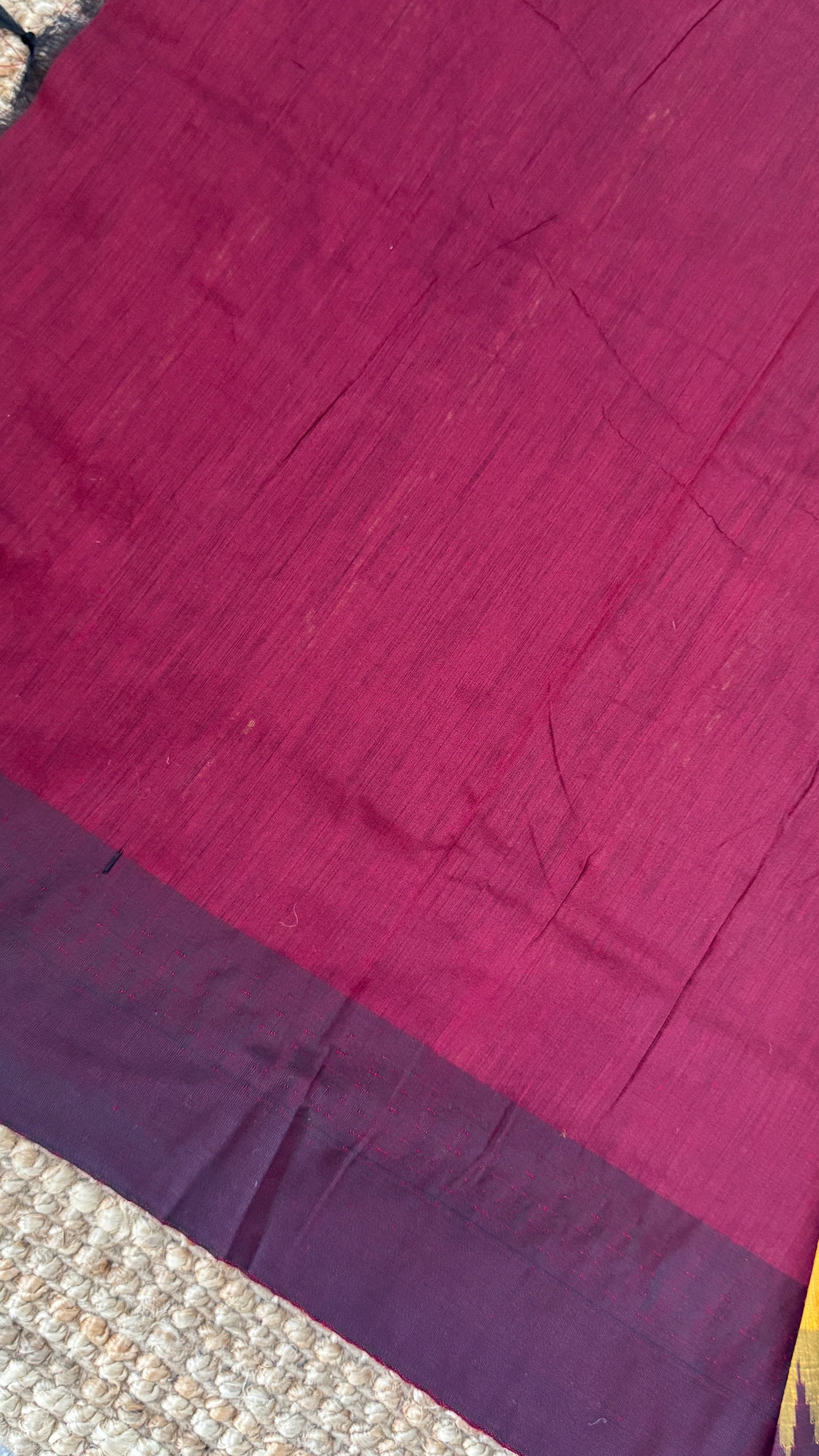 Purely Hand-Woven - Mustard Yellow Cotton Silk Saree with Maroon Border