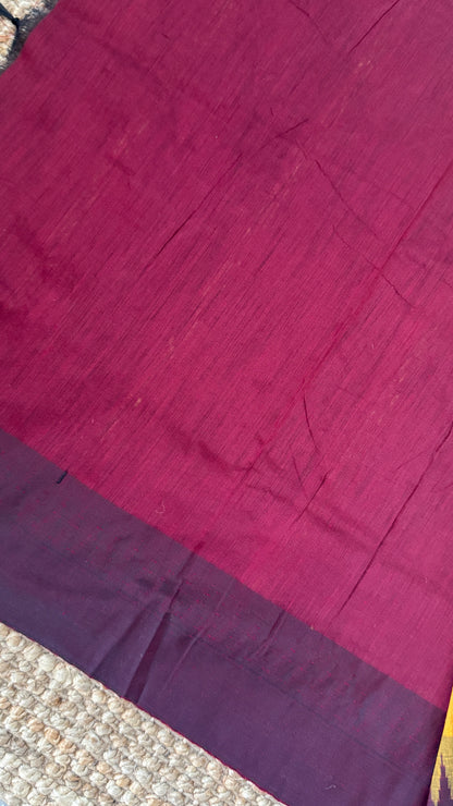 Purely Hand-Woven - Mustard Yellow Cotton Silk Saree with Maroon Border
