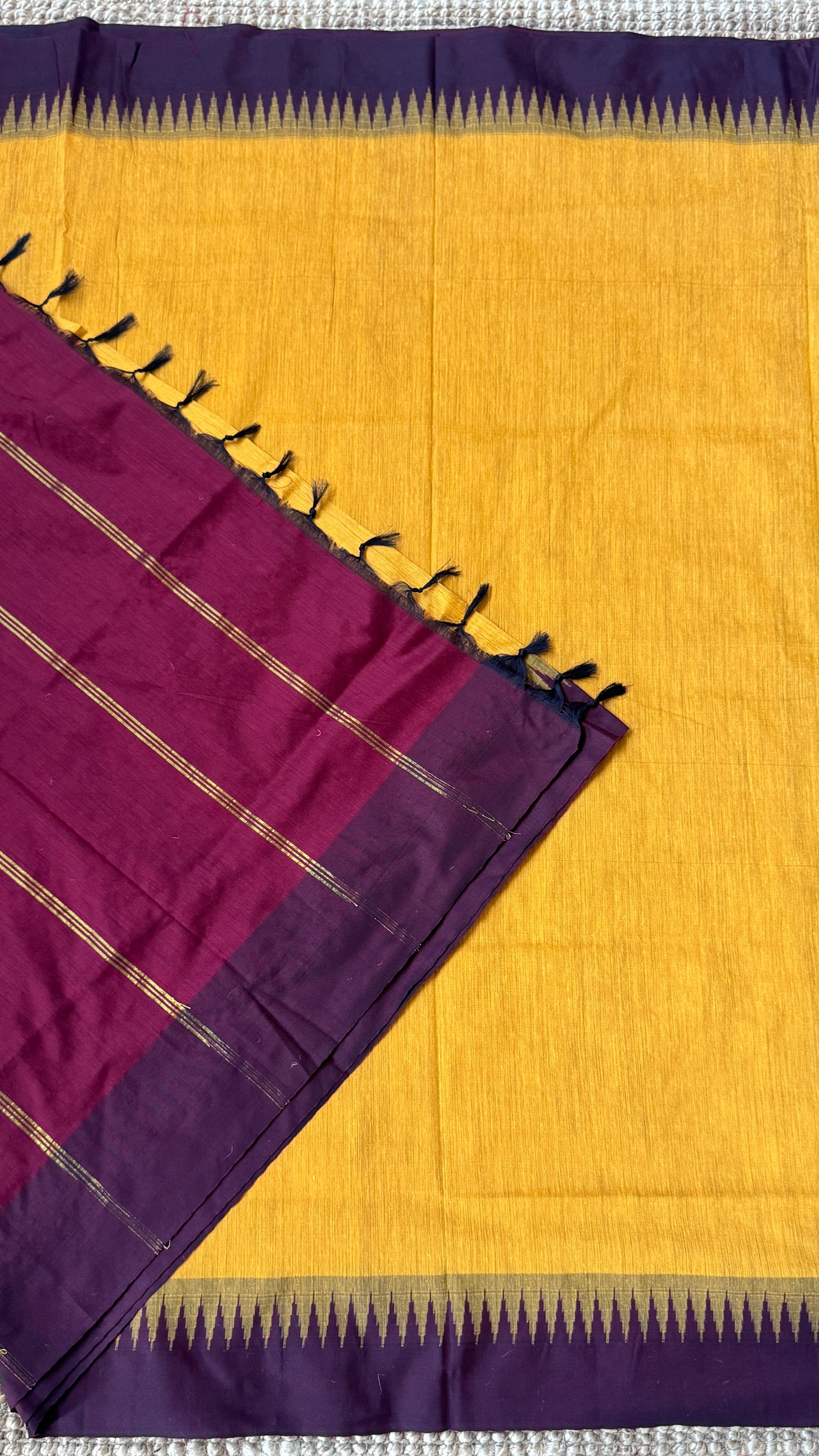 Purely Hand-Woven - Mustard Yellow Cotton Silk Saree with Maroon Border