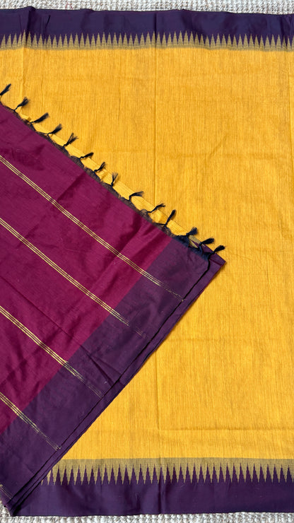 Purely Hand-Woven - Mustard Yellow Cotton Silk Saree with Maroon Border