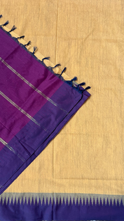 Purely Hand-Woven - Mustard Yellow Cotton Silk Saree with Maroon Border