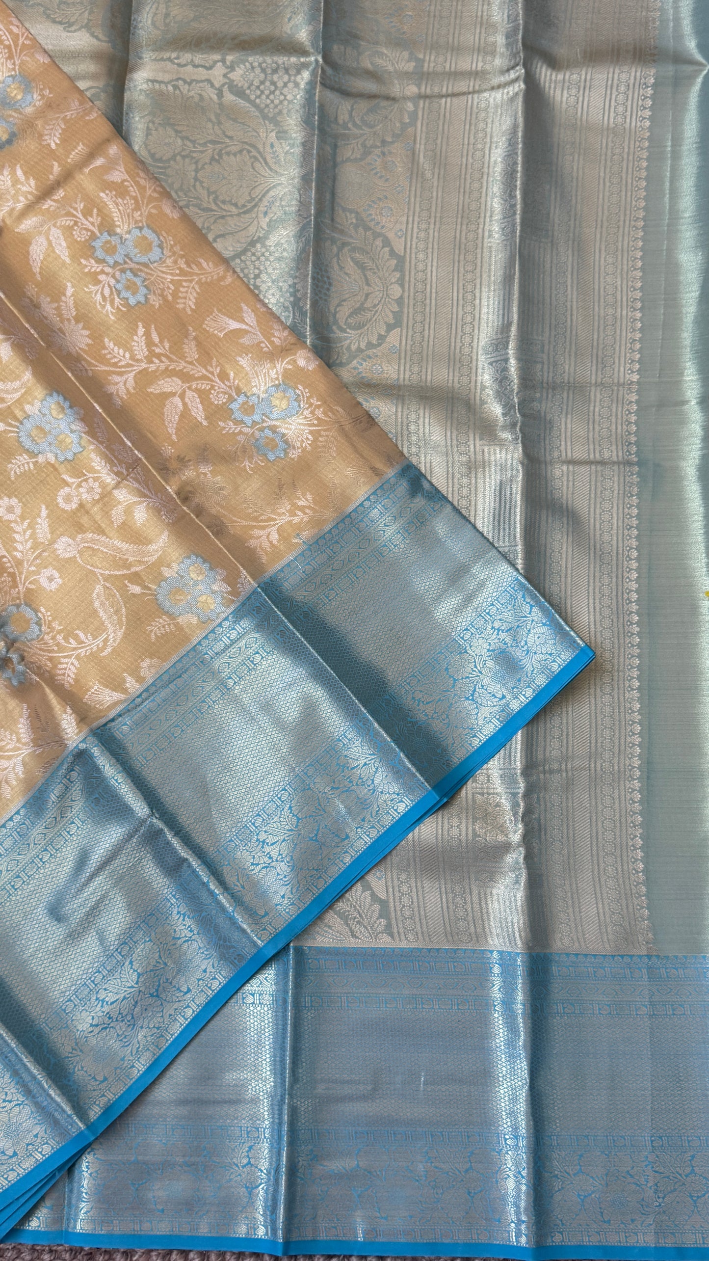 Semi Silk Saree – Light Gold Body with Blue Border