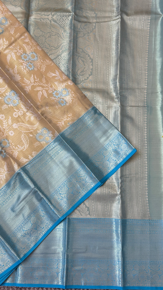 Semi Silk Saree – Light Gold Body with Blue Border