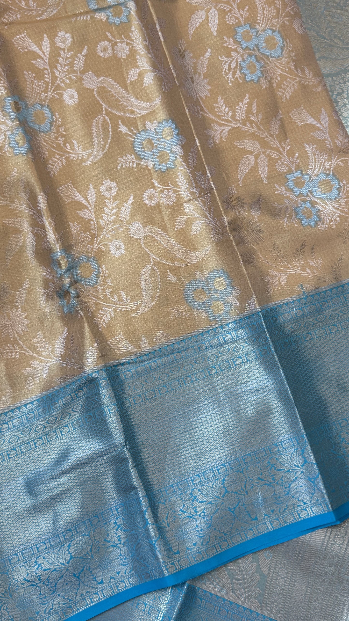 Semi Silk Saree – Light Gold Body with Blue Border
