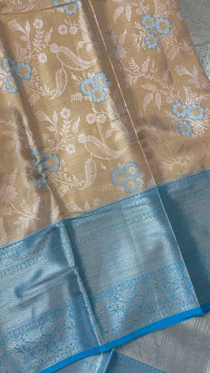 Semi Silk Saree – Light Gold Body with Blue Border
