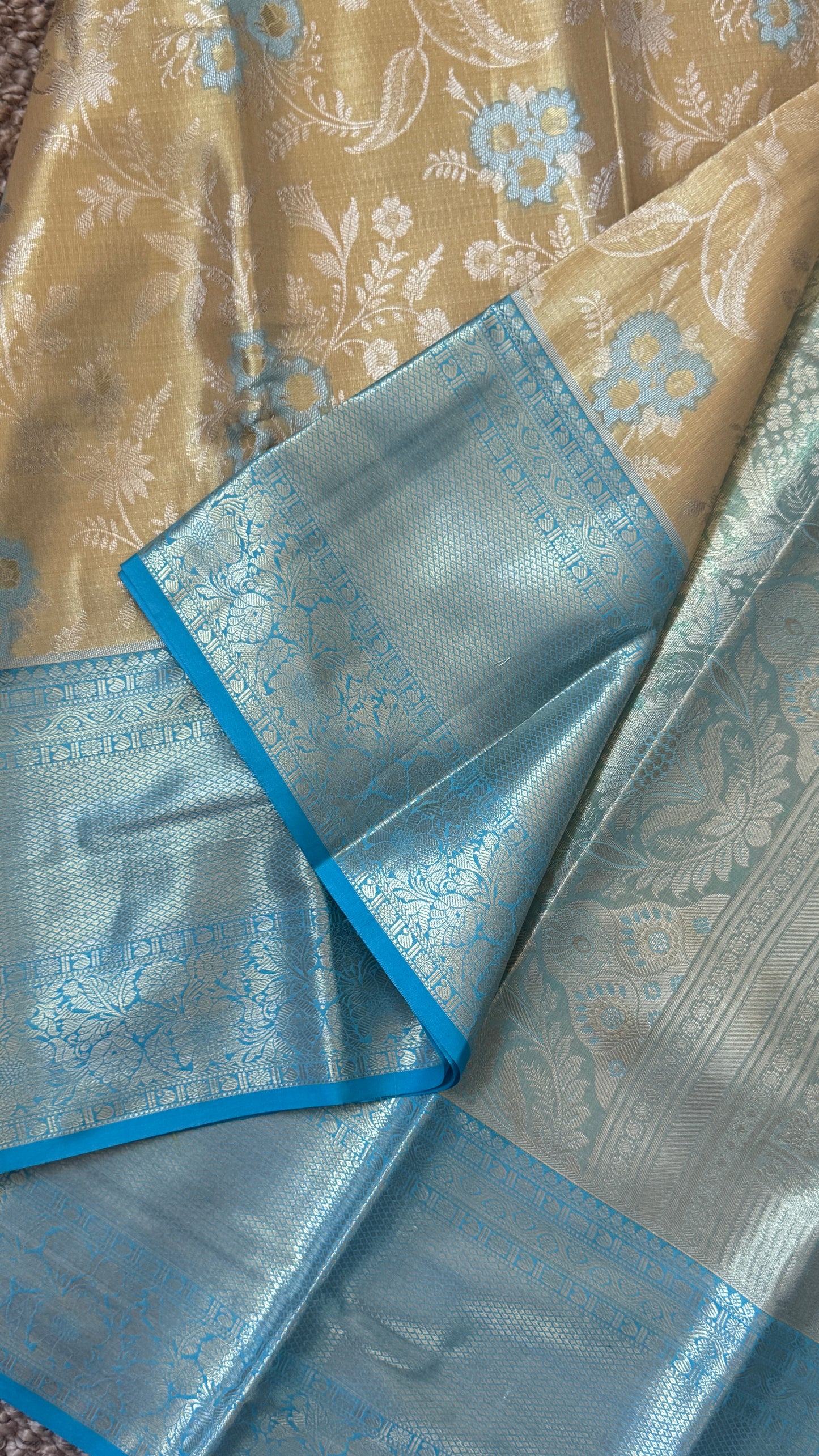 Semi Silk Saree – Light Gold Body with Blue Border