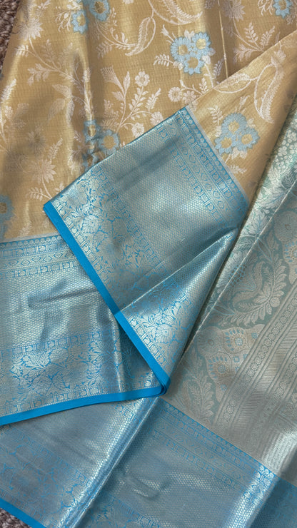 Semi Silk Saree – Light Gold Body with Blue Border