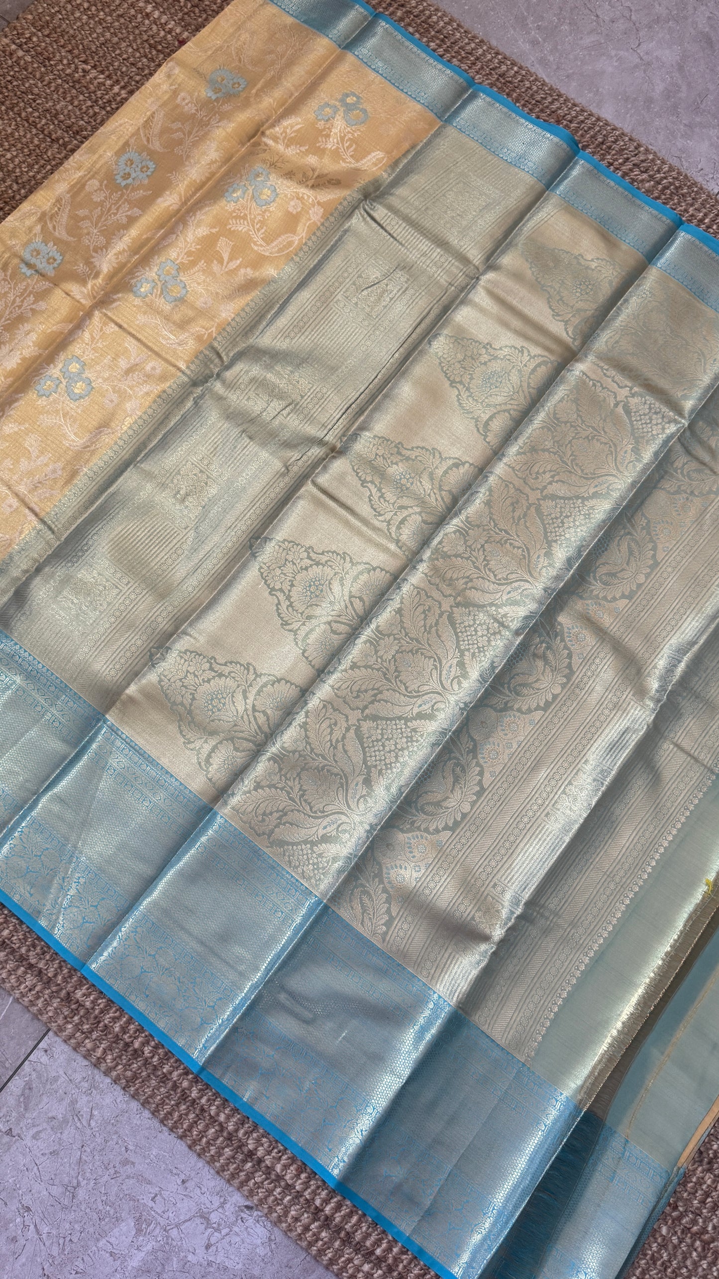 Semi Silk Saree – Light Gold Body with Blue Border