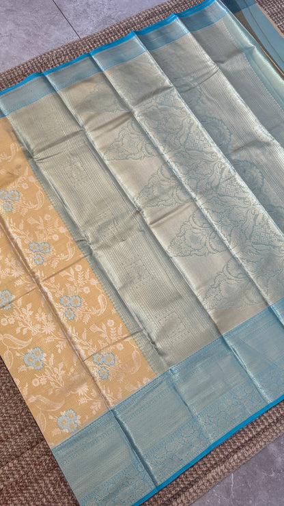 Semi Silk Saree – Light Gold Body with Blue Border