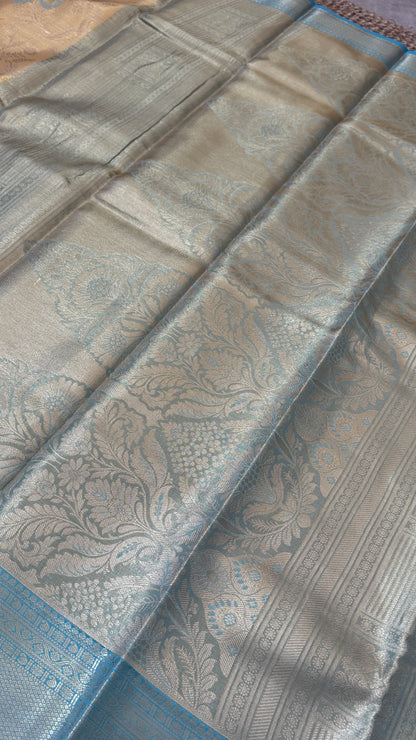 Semi Silk Saree – Light Gold Body with Blue Border