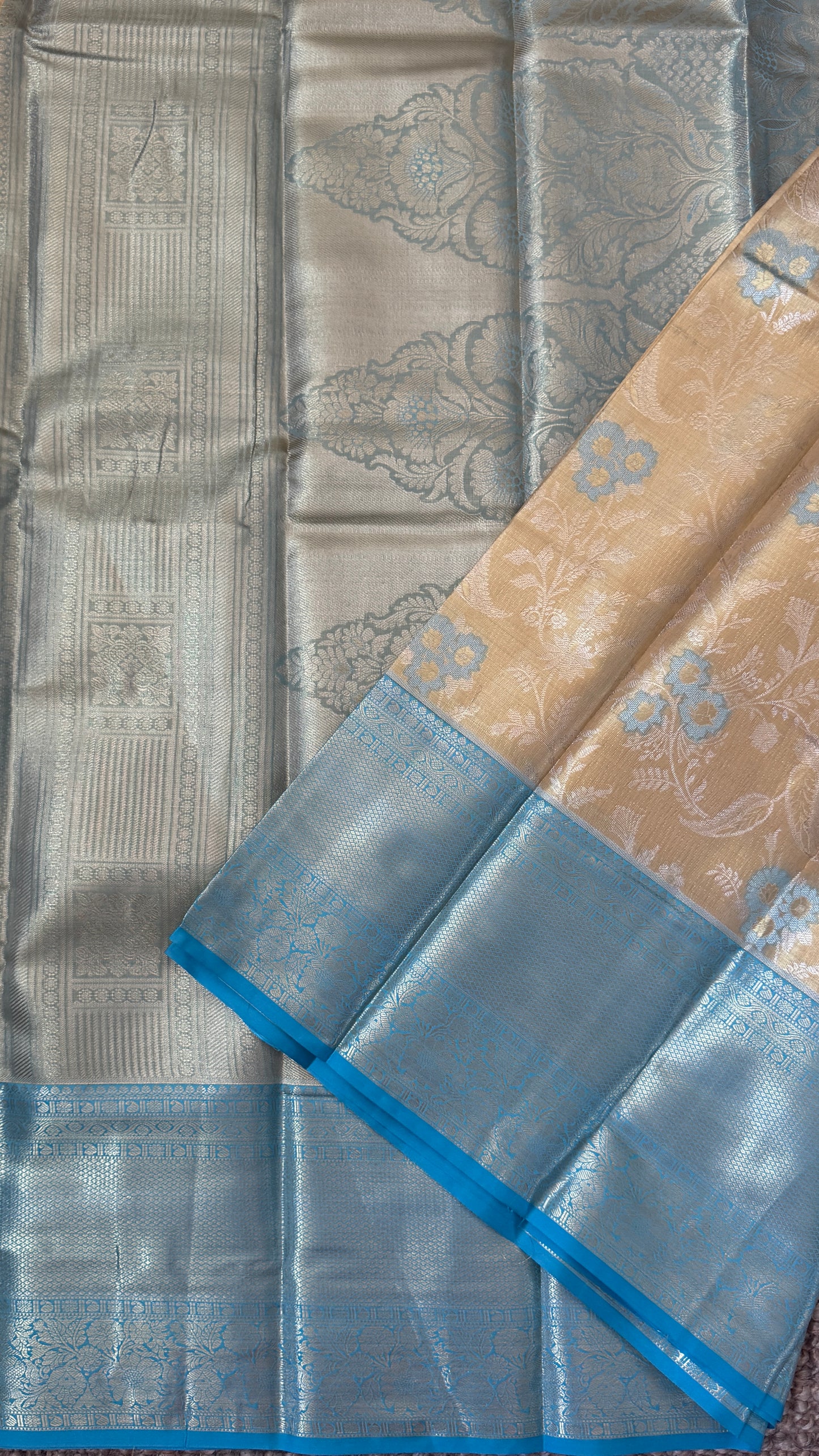 Semi Silk Saree – Light Gold Body with Blue Border