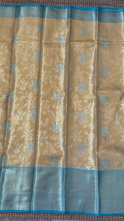 Semi Silk Saree – Light Gold Body with Blue Border