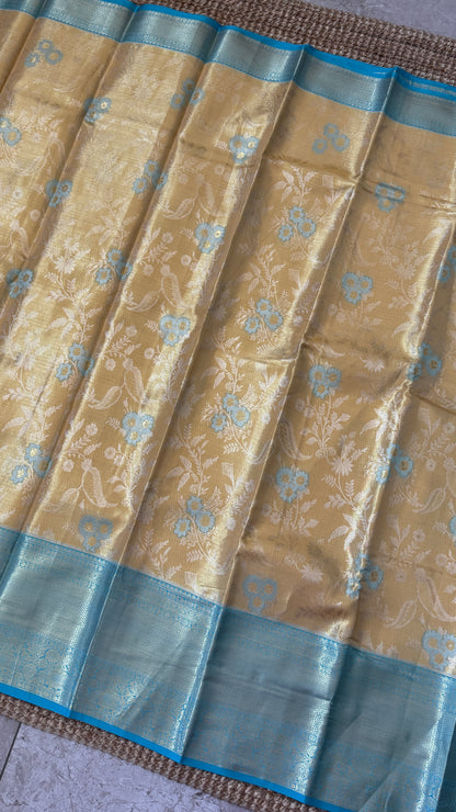 Semi Silk Saree – Light Gold Body with Blue Border
