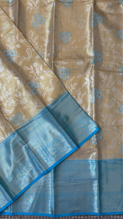 Semi Silk Saree – Light Gold Body with Blue Border