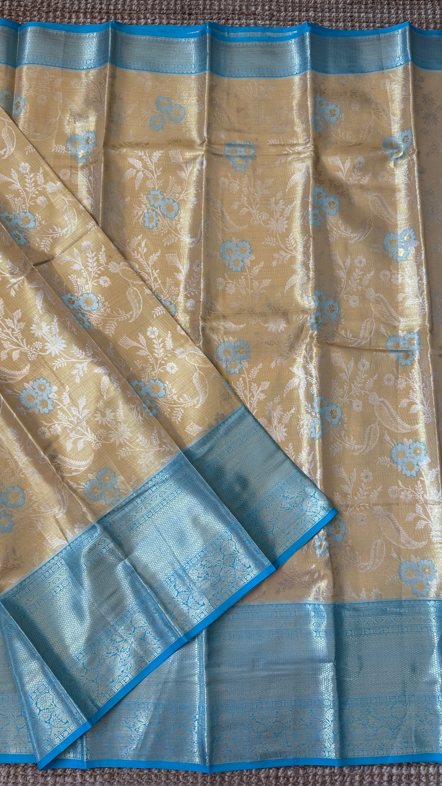 Semi Silk Saree – Light Gold Body with Blue Border