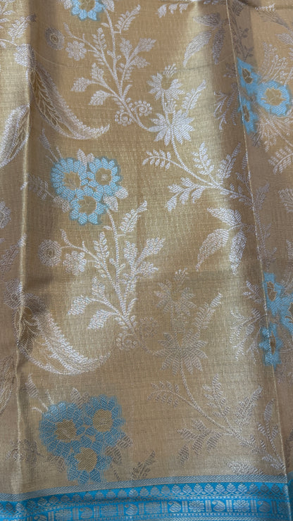 Semi Silk Saree – Light Gold Body with Blue Border