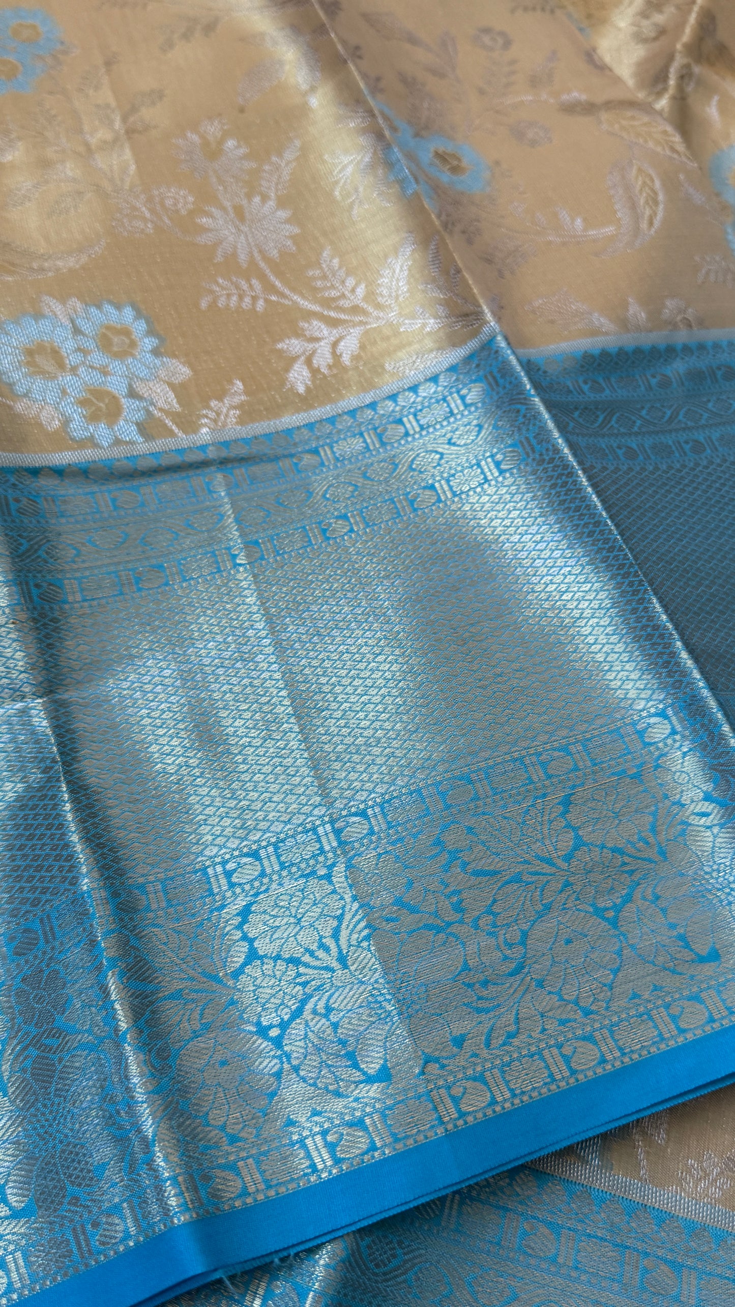 Semi Silk Saree – Light Gold Body with Blue Border