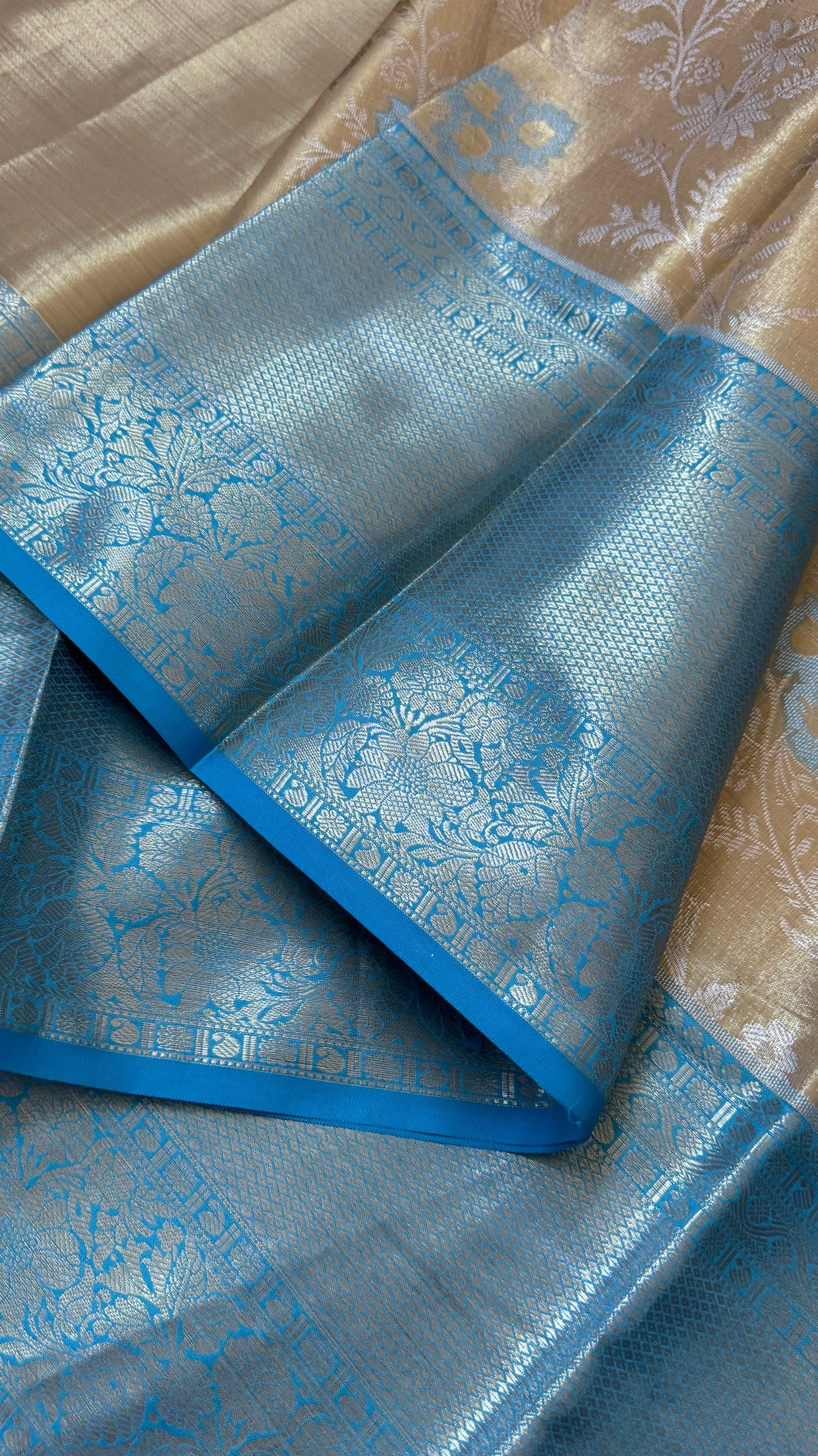 Semi Silk Saree – Light Gold Body with Blue Border