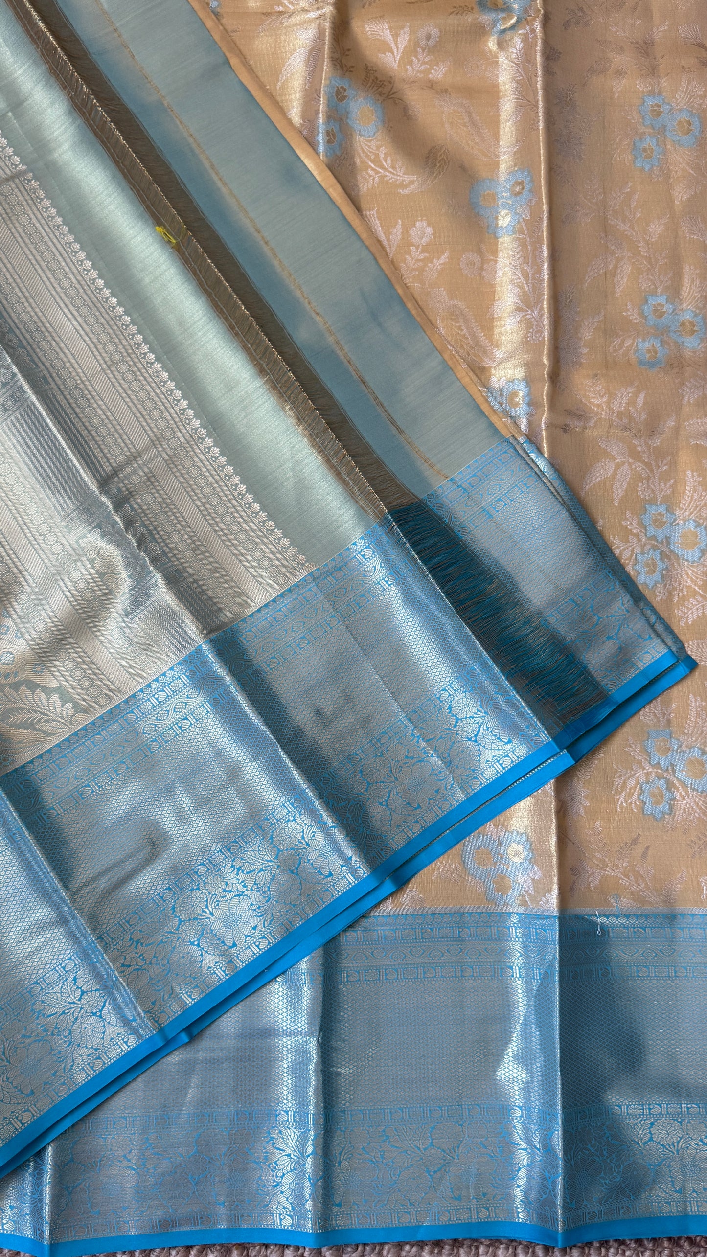 Semi Silk Saree – Light Gold Body with Blue Border