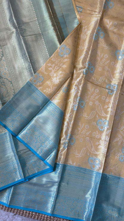 Semi Silk Saree – Light Gold Body with Blue Border