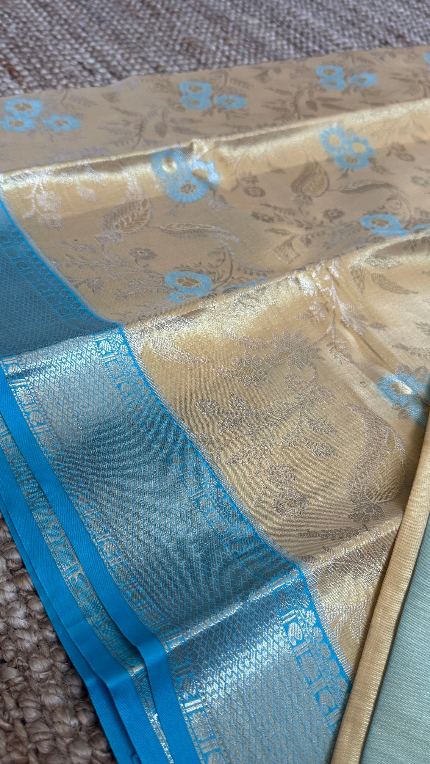 Semi Silk Saree – Light Gold Body with Blue Border