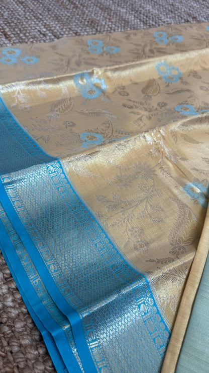 Semi Silk Saree – Light Gold Body with Blue Border