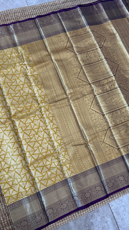 Semi Silk Saree – Light Gold Body with Purple Border