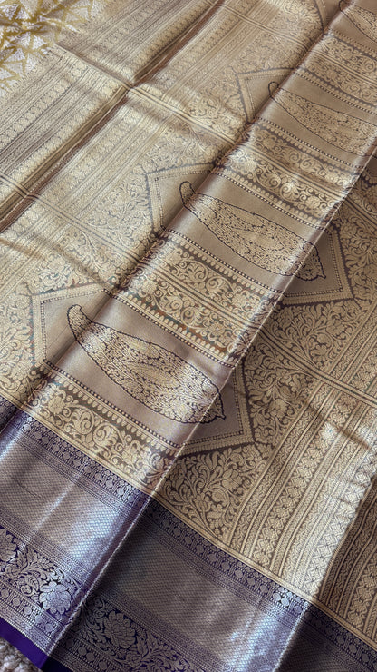 Semi Silk Saree – Light Gold Body with Purple Border