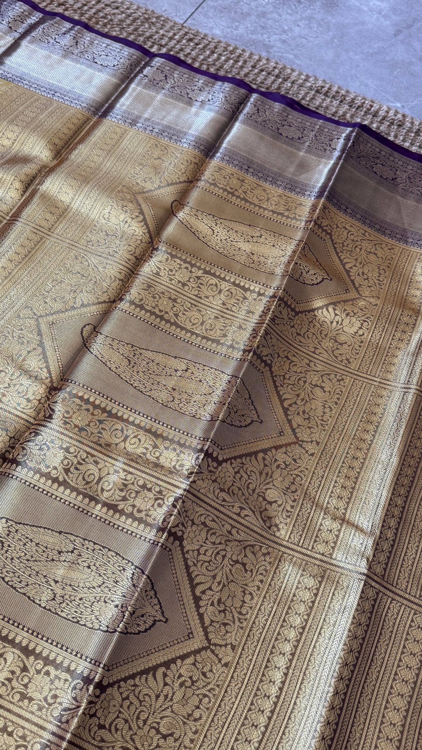 Semi Silk Saree – Light Gold Body with Purple Border