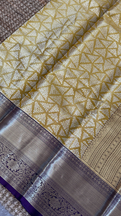 Semi Silk Saree – Light Gold Body with Purple Border