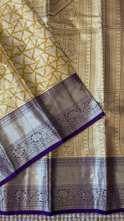 Semi Silk Saree – Light Gold Body with Purple Border