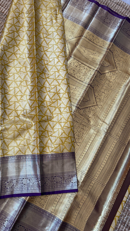 Semi Silk Saree – Light Gold Body with Purple Border