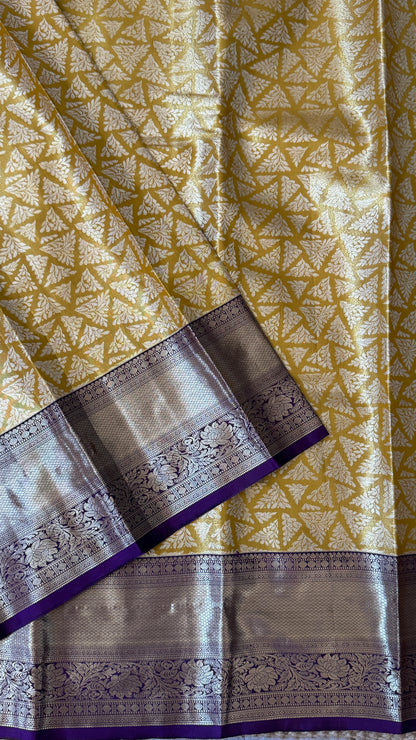 Semi Silk Saree – Light Gold Body with Purple Border